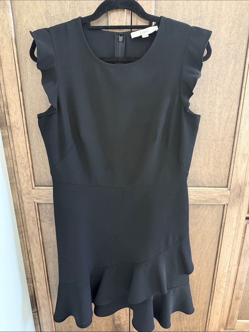 LOFT Asymmetrical Black Ruffle-Hem Cap Sleeve Dress